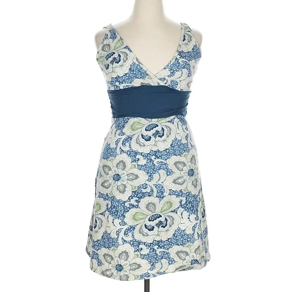 Patagonia Organic cototn Floral Dress XL Blue Green Wrap Bust Retro Boho - Picture 1 of 6